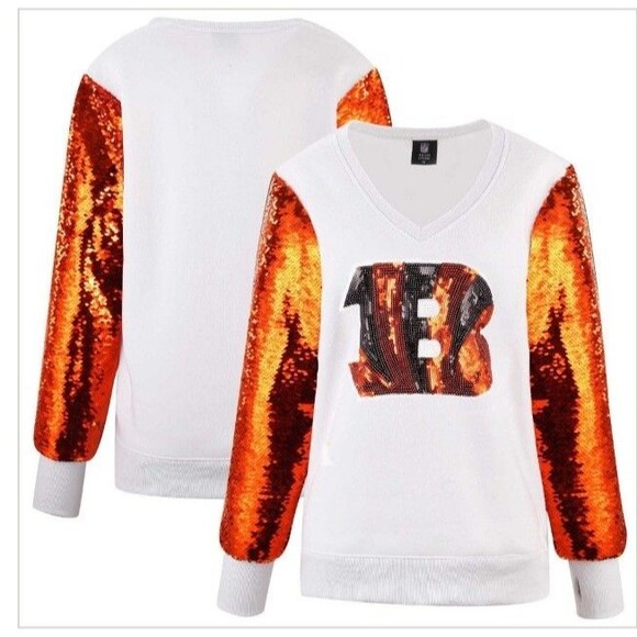 Cuce White Cincinnati Bengals Sequin Sleeve V-Neck Pullover Sweatshirt NWT - Picture 1 of 8